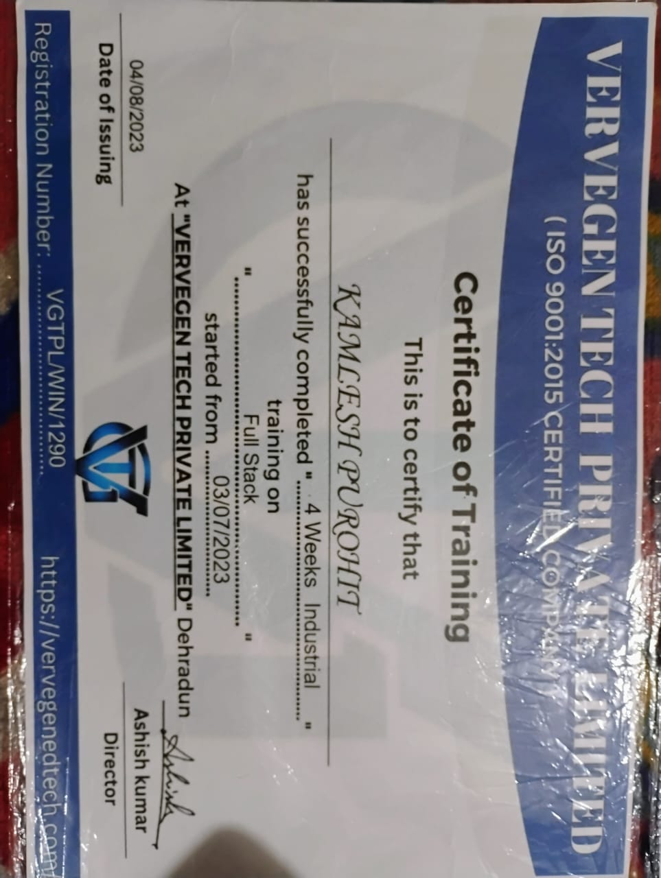 Full Stack Web Development Training Certificate